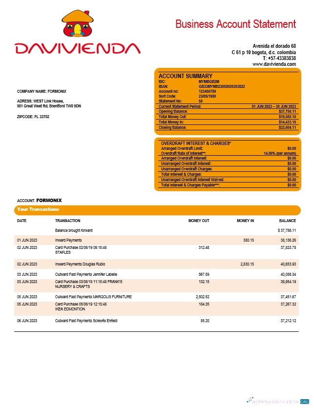 Download Davivienda Bank company checking account statement Word and PDF template Photoshop template